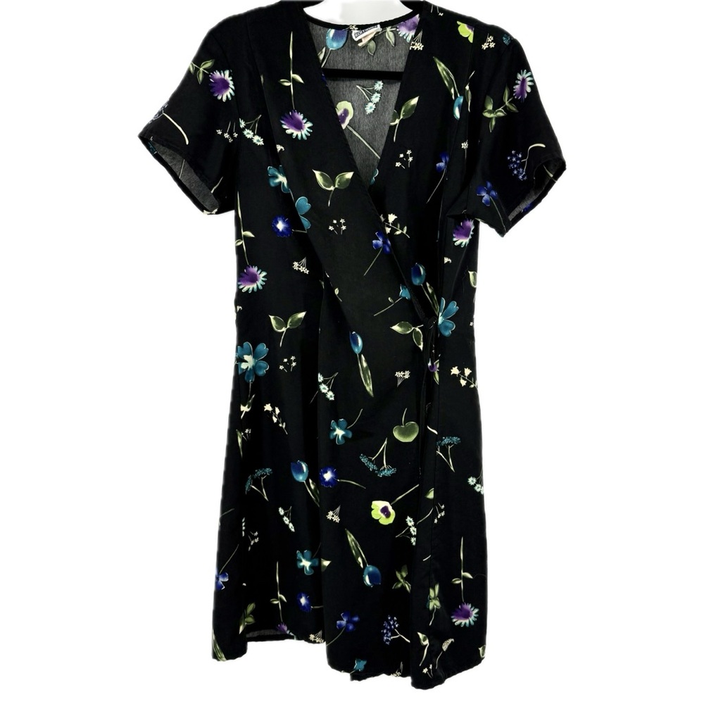 Vintage 90s Basic Editions Black Wrap Dress with Floral and Fruit Print Size 12